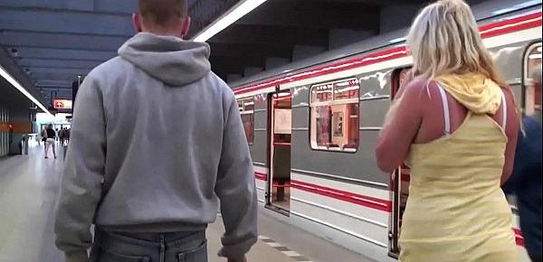  A blonde cute girl with big tits is having sex in a subway, with 2 of her friends with big cocks, with a deep oral blowjob group orgy, hard vaginal penetration in her tight cunt, and all while riding a subway train where everybody can see them any time